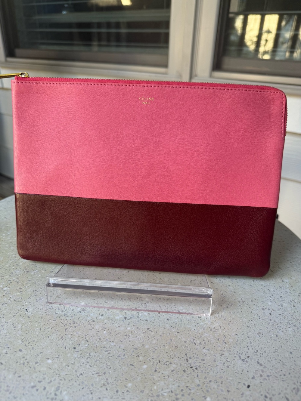 CÉLINE Solo Bi-Color Clutch Pouch Pink & Burgundy Calfskin Leather